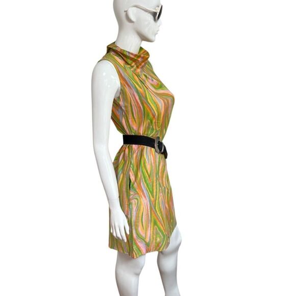 Groovy Handmade One of a Kind 60s / 70s Psychedelic Swirl Mock Neck Mini Dress - Picture 7 of 11